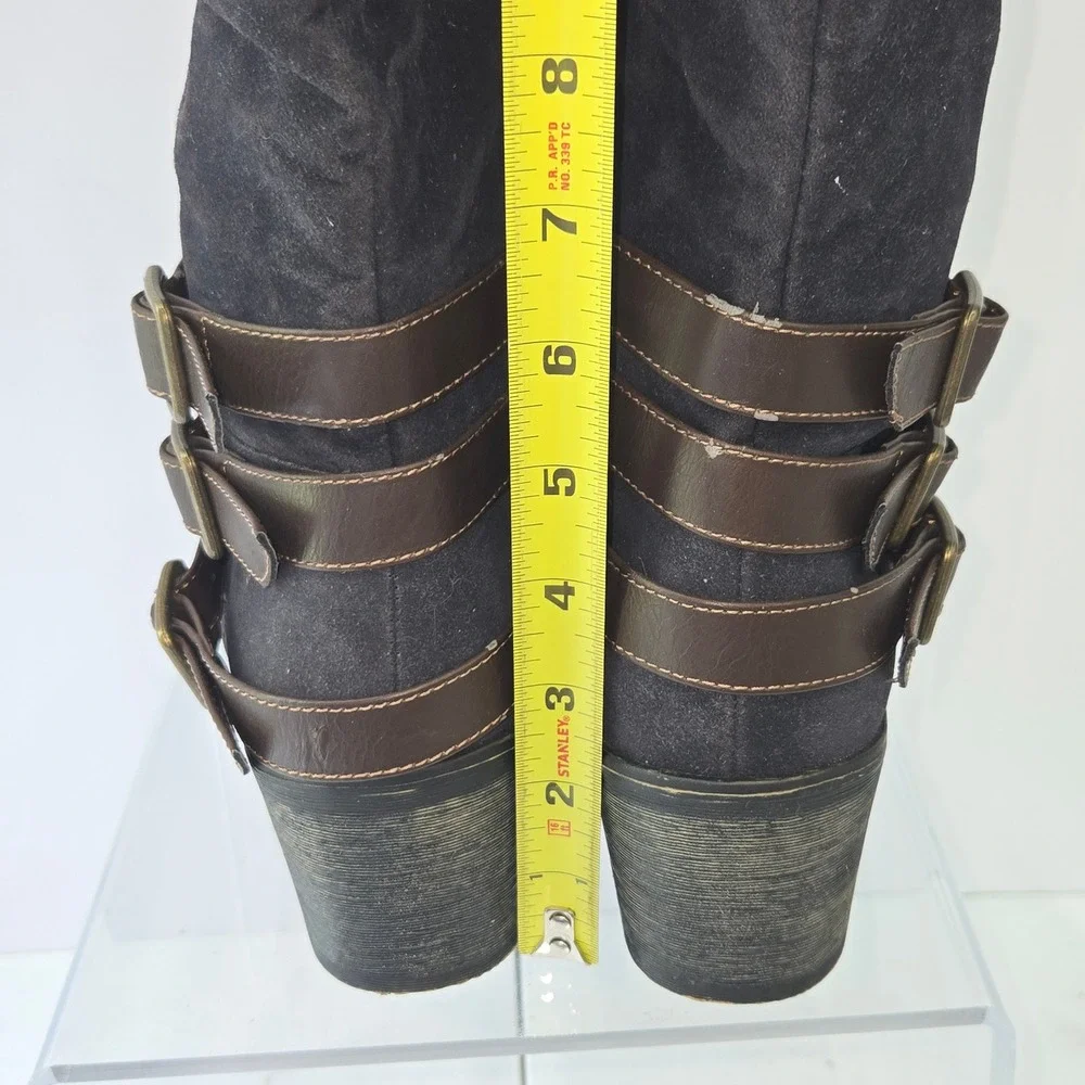 Cato Womens Size 9 Black Faux Suede Knee High Boots Brown Buckle Straps 37830346